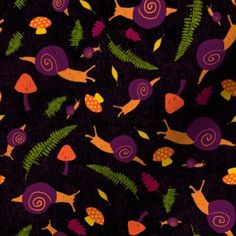 an image of snails and ferns on black background with purple, green, yellow and orange colors