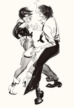 a drawing of two people dancing with one holding the other's leg and another standing behind them