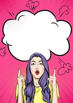 a woman with purple hair pointing to the cloud above her head