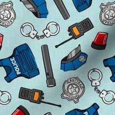 a blue background with police related items on it