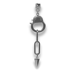 Introducing the **Love Bond Single Earring**, a versatile and bold piece of jewelry crafted for those who love customizable style. Made from tarnish-resistant materials, this earring features a fully functional handcuff clasp that holds a sleek chain and a sharp spike charm. Its clever design allows for two unique looks: wear it long with the spike for an edgy vibe, or remove the charm for a chic, shorter handcuff statement. Plus, the handcuff clasp opens up endless possibilities—swap out the sp Modern Metal Clip-on Jewelry, Nickel Free Metal Dangle Ear Cuff, Nickel-free Metal Dangle Ear Cuff, Single Dangle Stainless Steel Earring, Stainless Steel Single Dangle Earring, Metal Dangle Ear Cuff Single Earring, Metal Dangle Ear Cuff, Single Silver Edgy Earring, Adjustable Edgy Sterling Silver Jewelry