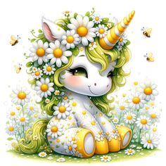 a cute unicorn with flowers and butterflies on her head sitting in the middle of daisies