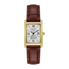 Stylish and contemporary, this watch features a 22mm gold-tone stainless steel case and Roman numerals on a silver-white dial. The easy-to-wear dark brown croc-embossed leather strap secures with a buckle closure. Bulova Watches Women, Brown Band Watch, Classic Watch Women, Exclusive Engagement Rings, Brown Leather Strap Watch, Bulova Watches, Brown Watches, Diamond Wedding Rings Sets, Leather Strap Watch