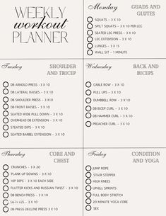 a printable weekly workout planner is shown in black and white, with the words