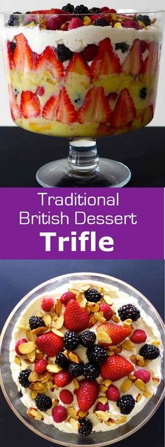 the trifle is made with fresh fruit and served in a glass dish on a black table