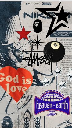 collage of various stickers and decals on a piece of paper that says god is love