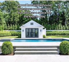 a pool house with steps leading up to it and a swimming pool in the middle