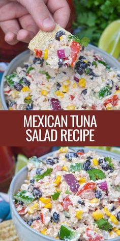 mexican tuna salad recipe in a bowl with tortilla chips and salsa on the side