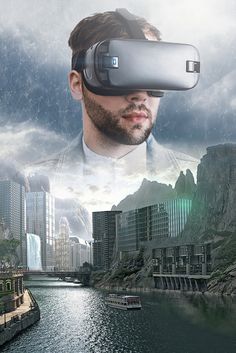 a man wearing a virtual reality headset next to a river and cityscape