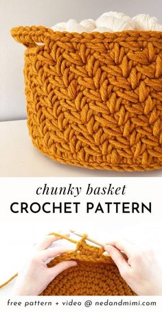 a crochet basket is shown with the text, chunk basket crochet pattern