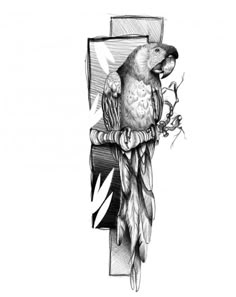 a drawing of a parrot sitting on top of a cross with leaves in its beak