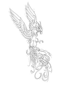 a drawing of a bird with wings and swirls on it's back side