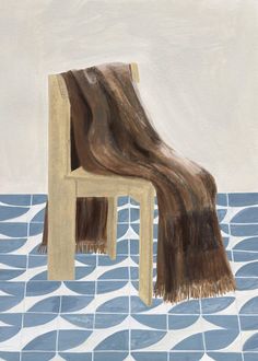 a painting of a wooden chair sitting on top of a tile floor next to a blue and white wall