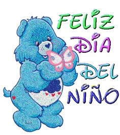 a blue teddy bear holding a heart in its paws with the words feliz dia del nino