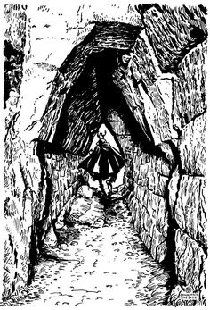 a black and white drawing of a person walking through a tunnel with an umbrella in it