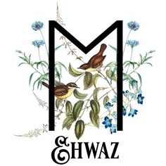 the m and w logo with two birds sitting on top of flowers in front of it