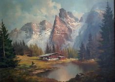 an oil painting of mountains with a lake in the foreground and a cabin on the far side