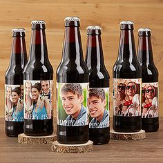 six personalized beer bottles with pictures on them