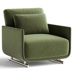 a green chair sitting on top of a white floor next to a wooden frame and metal legs