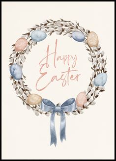 a watercolor painting of an easter wreath with the words happy easter written in it