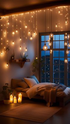 a bedroom with lights hanging from the ceiling and a bed in front of a window