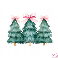 three watercolor christmas trees with pink bows