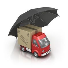 a red delivery truck with an umbrella over it's head on a white background