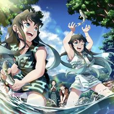 two anime characters are in the water with trees and clouds behind them, one is holding a fish