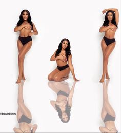 three photos of a woman in black bikinis with her reflection on the ground and one showing