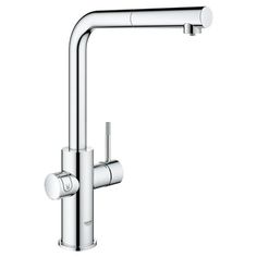 a chrome faucet with two handles and nozzles