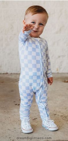 toddler boy wearing a one piece sleepwear outfit in blue and white checkered pattern. Comfy Romper, Footie Pajamas, Sleepwear Fashion, Toddler Pajamas, Bamboo Material, Footie Pajama, Baby Pajamas, Boys Pajamas, Sleep Shirt