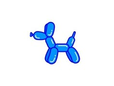 a blue balloon dog floating in the air