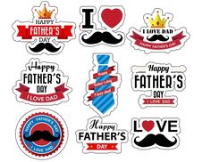 father's day stickers with mustaches, hearts, and ribbons on white background