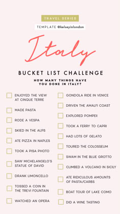 a pink and white checklist with the words totally bucket list challenge written on it