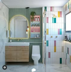 a bathroom with a toilet, sink, mirror and shelves on the wall above it