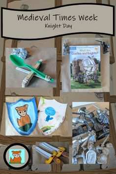 several different pictures with toothbrushes, scissors and other items in them that are labeled medieval times week