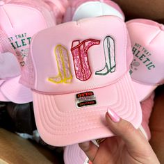 3 Boots Foam Trucker Hat in Light Pink - Giddy Up Glamour Boutique Casual Flat Brim Pink Hats, Spring Flat Brim Trucker Hat, Pink Hats For Outdoor Spring Events, Western Style Snapback Hat For Spring, Casual Pink Flat Brim Hat, Trendy Pink Flat Brim Trucker Hat, Pink Flat Brim Trucker Hat For Outdoor, Fun Spring Trucker Hat, Pink Trucker Hat For Baseball Season