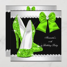 lime green high heel shoe and bow birthday party card with diamond accents on black background