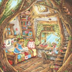 a drawing of a child reading in a tree house with bookshelves and windows