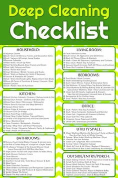 a green and white cleaning checklist with the words,'deep cleaning checklist '