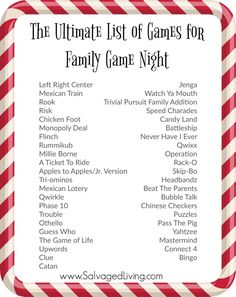 the ultimate list of games for family game night with red and white candy canes