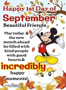 a mickey mouse birthday card with the words happy 1st day of september and an image of a