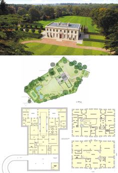 an aerial view of a large house with lots of trees in the background and plans for it