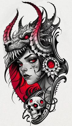 a woman's face with red eyes and horns on her head, in the shape of a demon