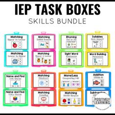 the iep task boxes are filled with words and pictures to help students learn how to use