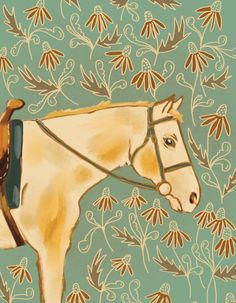 a painting of a white horse in front of a floral wallpaper with brown and tan flowers