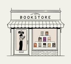 a book store with a woman standing in the window