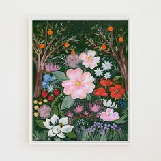 a painting with flowers and trees in the background