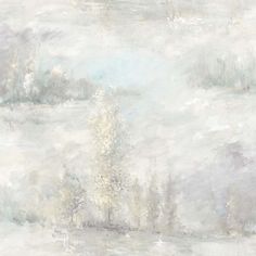 an abstract painting with trees in the foreground and white clouds in the back ground