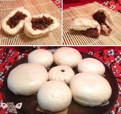 three pictures show different stages of making buns with doughnut holes and filling in the middle